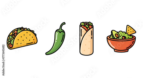 Collection mexican food icons including taco, jalapeno, burrito, and guacamole with chips