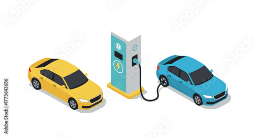 Isometric electric cars charging at station