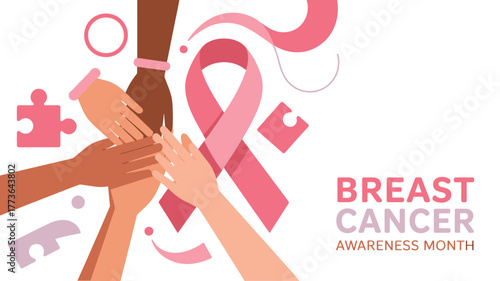Diverse Hands Supporting Pink Ribbon for Breast Cancer Awareness Month, Unity and Hope Illustration Design