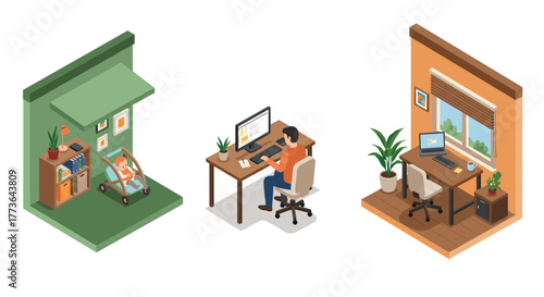Home activity isometric illustration of remote work and family time in different rooms