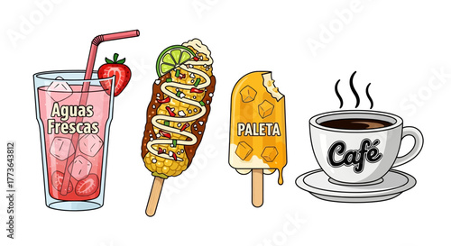 Assortment refreshing mexican beverages and snacks including aguas frescas, elote, paleta, and cafe
