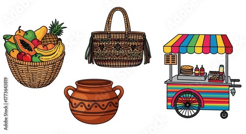 Collection mexican cultural elements including fruit basket, woven bag, clay pot, and food cart
