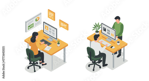 Modern office workspace with professionals using computers and engaging in digital tasks