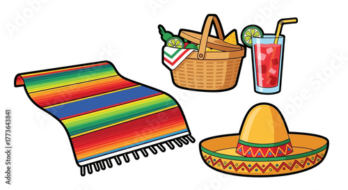 Set mexican picnic and fiesta items including serape blanket, sombrero hat, picnic basket, and refreshing drink