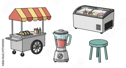 Collection cartoon icons related to food service and preparation, including food cart, blender, freezer display case, and stool, all isolated on