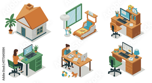 Isometric home and office interiors with work and living spaces