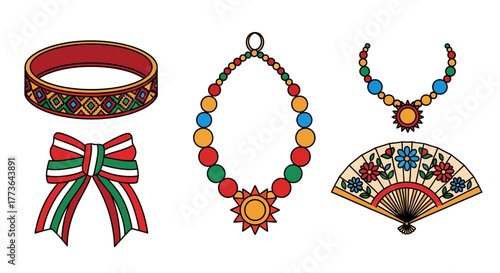 Collection colorful mexican folk accessories including bracelet, necklaces, bow, and fan