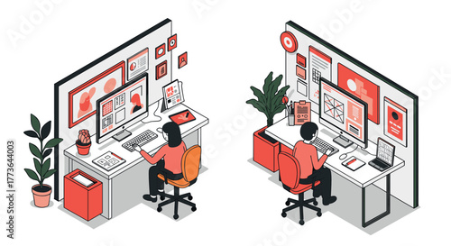 Modern workspace design in isometric style with creative professionals at desks