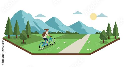 Cyclist enjoying scenic mountain landscape in isometric design