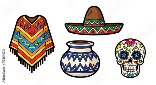 Collection mexican cultural icons, including colorful poncho, sombrero, traditional pot, and sugar skull, all isolated on