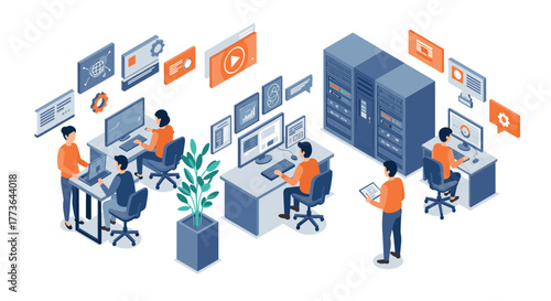 Isometric office workspace with it professionals and technology equipment