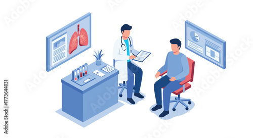 Isometric medical consultation scene with doctor and patient in clinic office