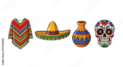 Set mexican cultural symbols featuring vibrant poncho, decorated sombrero, an ornate pot, and sugar skull, presented isolated on