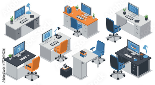 Modern office workspace designs with isometric desks and chairs