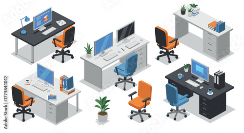 Modern isometric office desks and chairs arrangement with computers and plants