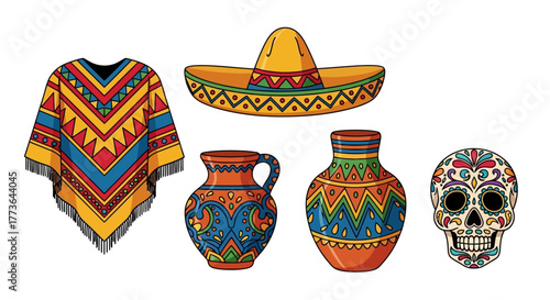 An arrangement mexican cultural elements, including patterned poncho, festive sombrero, two decorative pots, and sugar skull, all isolated on