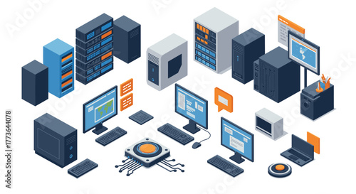 Isometric technology setup with computers and servers in a modern office environment