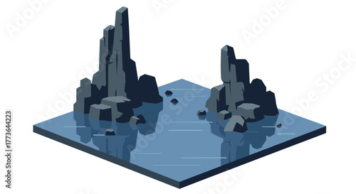Isometric landscape with rocky cliffs and reflections on water surface