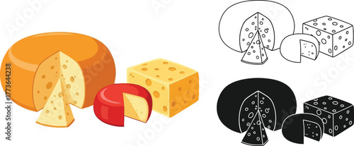 Various cheese types with cut slices in color and black and white style