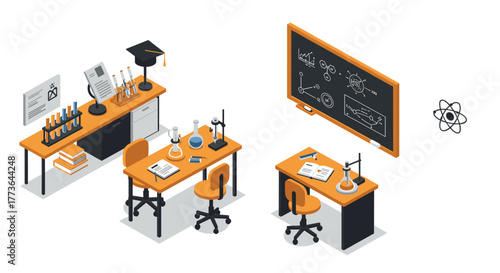 Isometric classroom with science equipment and chalkboard for educational designs