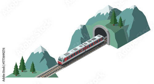 Isometric train journey through mountain tunnel with pine trees and snowy peaks