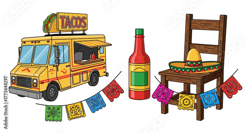 Yellow food truck with taco sign, bottle hot sauce, and chair with sombrero and papel picado flags
