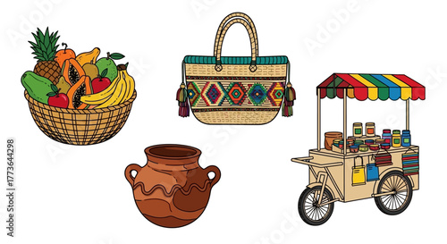 Selection items representing mexican culture and commerce, including fruit basket, woven handbag, clay pot, and colorful street food cart, isolated on