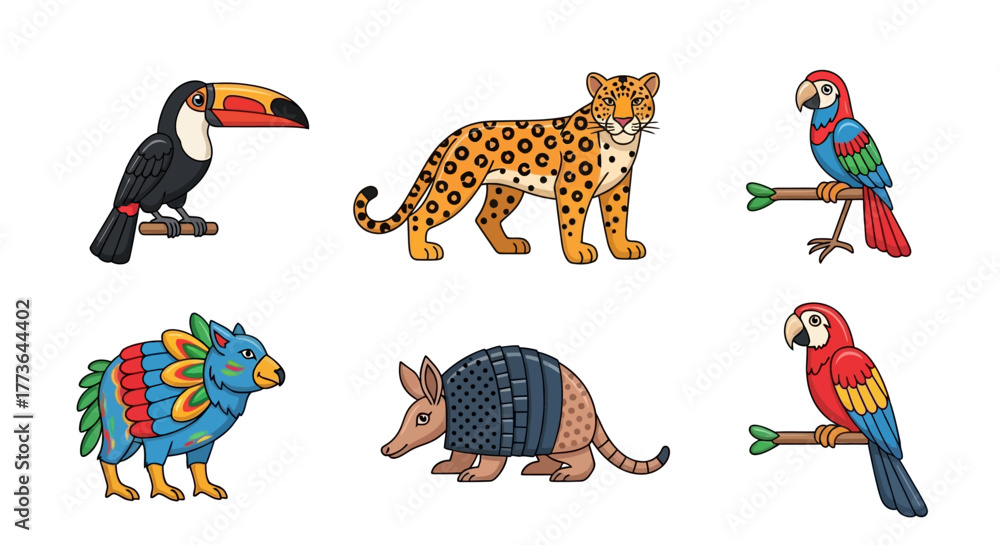 Obraz premium Set six colorful south american animals including toucan, jaguar, macaw parrot, capybara, armadillo, and another macaw parrot perched on branches