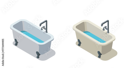 Isometric bathtubs with water and faucets in minimalist design