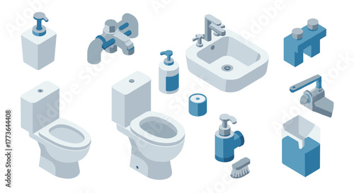 Isometric bathroom elements collection: toilets, faucets, and accessories in modern blue-gray tones