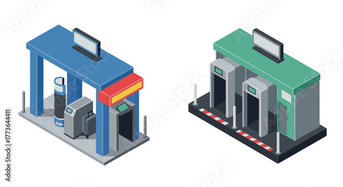 Isometric turnstile and ticket gate design with modern infrastructure elements
