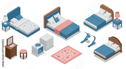 Isometric bedroom furniture design with beds, nightstands, and decor elements