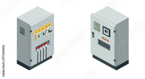Isometric electrical control panels with buttons and switches