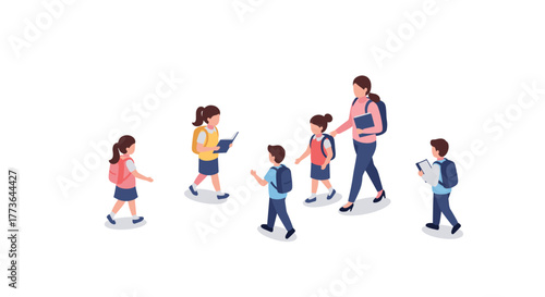 Isometric school group: students and teacher walking with backpacks and books