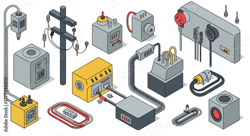 Isometric electrical components: industrial supplies and wiring connections
