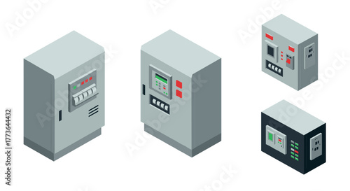 Isometric electrical control panels with buttons and displays