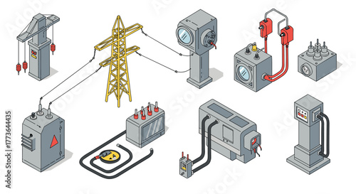 Isometric power system elements with substations and electrical conductors
