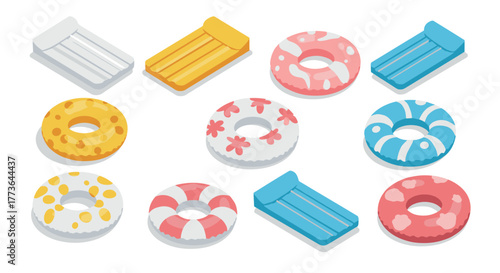 Colorful inflatable pool floats and mattresses in isometric design