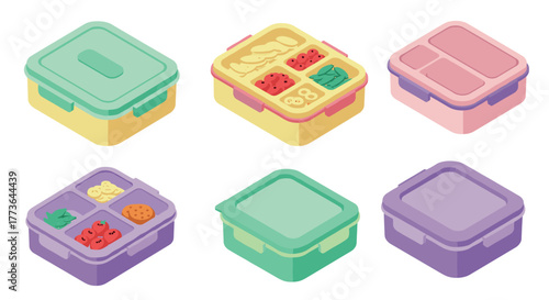 Isometric bento box designs: colorful lunch containers with compartments