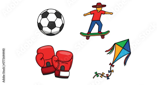Vibrant assortment recreational and sporting items, including soccer ball, boxing gloves, skateboarder, and kite, presented on clean