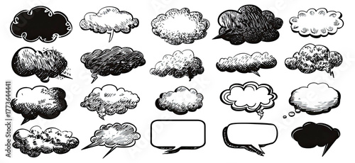 Collection of chalk-like cloud shapes and speech bubbles on black