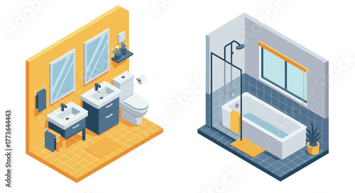 Modern isometric bathroom designs with stylish fixtures and minimalist interiors