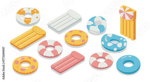 Colorful inflatable pool floats set in isometric style for summer fun