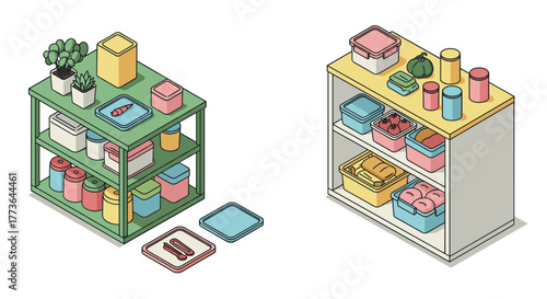 Isometric kitchen shelves with storage containers and plants in minimalist style
