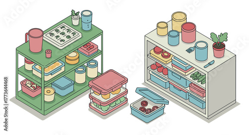 Isometric pantry organization: neat containers and labeled shelves