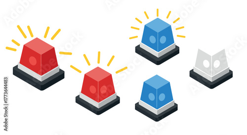 Isometric red and blue emergency siren lights with alert motion