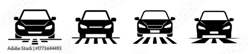 Four black car icons with different road markings indicating various driving scenarios.