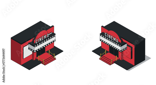 Isometric retro cinema building illustration with red accents
