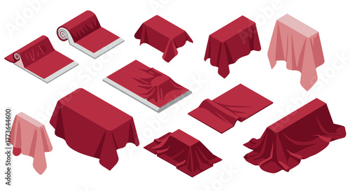 Red fabric drape collection: isometric surfaces and tables covered with textiles