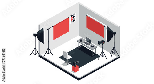 Isometric photography studio setup with lighting equipment and laptop workspace